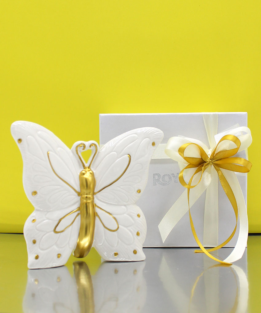 CER4066 – FARFALLA IN PORCELLANA BIANCO E ORO – Bomboniera Completa di Confezione