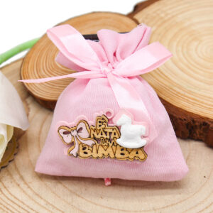 K15-R – BUSTINA SACCHETTINO ROSA “È NATA UNA BIMBA” CON CAVALLUCCIO A DONDOLO – Bomboniera Completa di Confezione