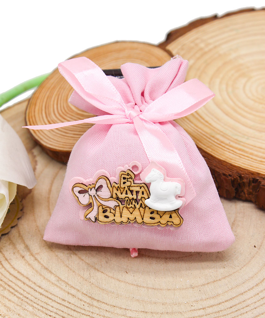 K15-R – BUSTINA SACCHETTINO ROSA “È NATA UNA BIMBA” CON CAVALLUCCIO A DONDOLO – Bomboniera Completa di Confezione