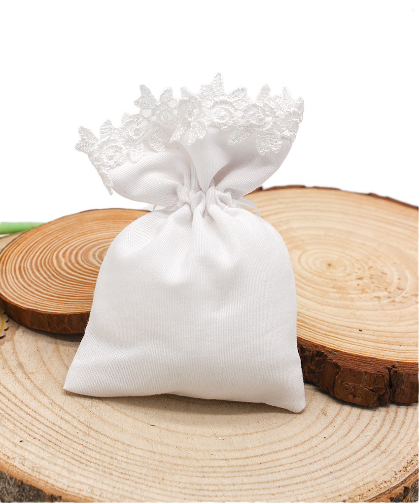 K227-B – SACCHETTINO CON BORDINO IN MACRAMÈ BIANCO – Bomboniera Completa di Confezione