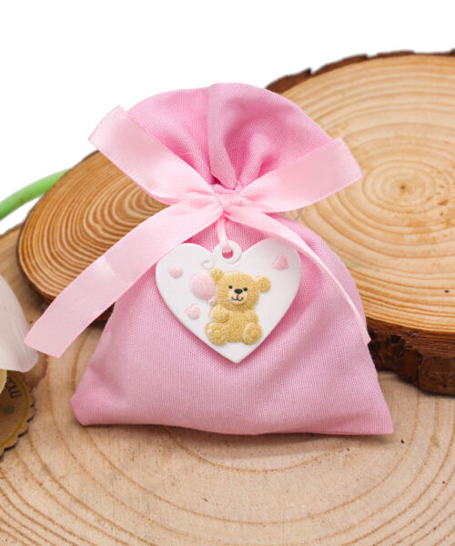 K235-R – SACCHETTINO ROSA CON CUORE E ORSETTO – Bomboniera Completa di Confezione