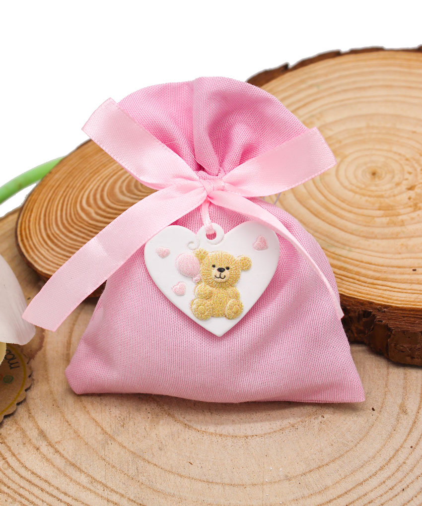 K235-R – SACCHETTINO ROSA CON CUORE E ORSETTO – Bomboniera Completa di Confezione