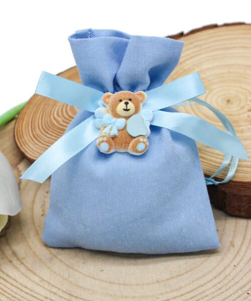 K236-C – SACCHETTINO CELESTE CON ORSETTO – Bomboniera Completa di Confezione