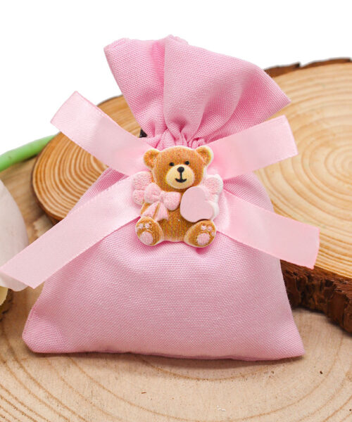 236-R – SACCHETTINO ROSA CON ORSETTO – Bomboniera Completa di Confezione