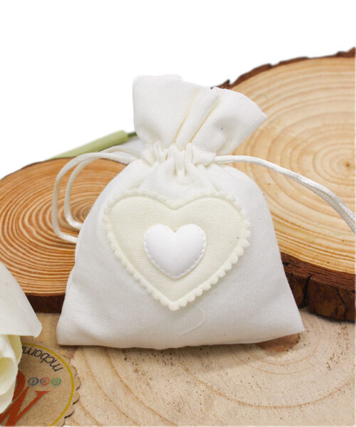 SACCHETTINO CON CUORE COLOR PANNA – Bomboniera Completa di Confezione