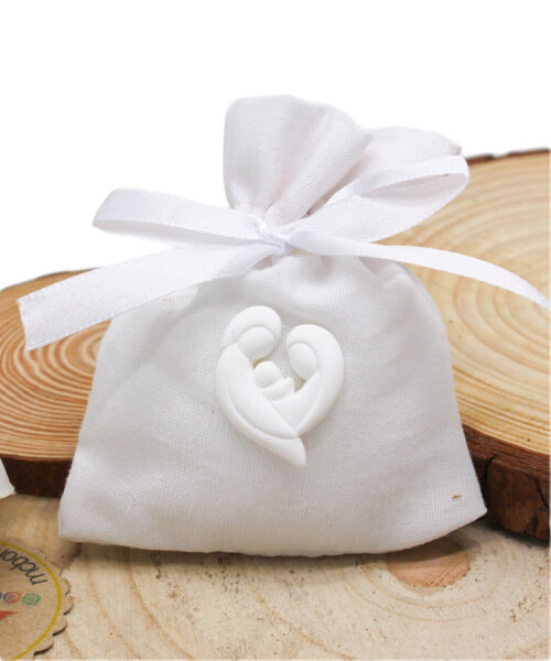 K4036 – BUSTINA SACCHETTINO CON SACRA FAMIGLIA BIANCA – Bomboniera Completa di Confezione