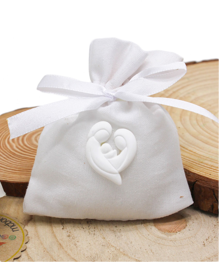 K4036 – BUSTINA SACCHETTINO CON SACRA FAMIGLIA BIANCA – Bomboniera Completa di Confezione