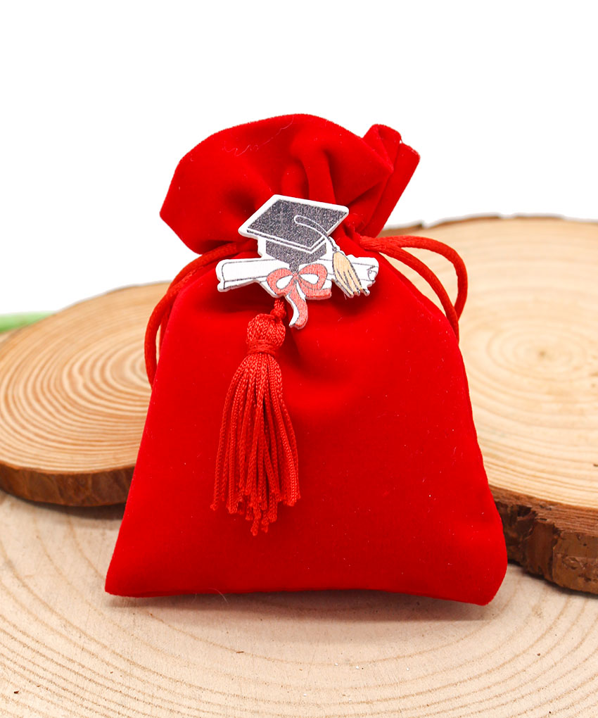 K4057 – SACCHETTINO ROSSO LAUREA CON TOCCO IN LEGNO E NAPPINA ROSSA – Bomboniera Completa di Confezione