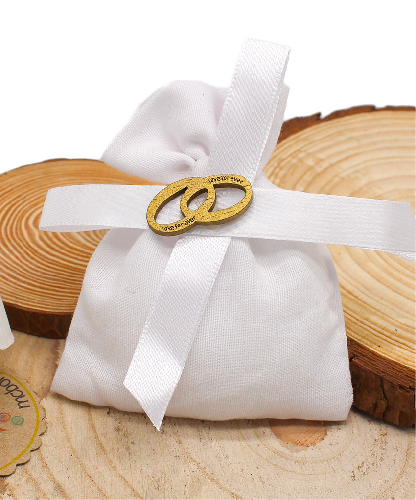 K5081 – SACCHETTINO BIANCO CON FEDI ORO “LOVE FOREVER” – Bomboniera Completa di Confezione