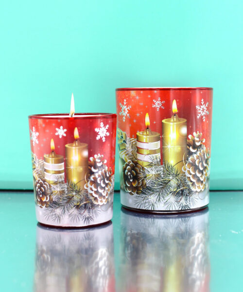 BICCHIERE CON CANDELA PROFUMATA – DECORO CANDELE ROSSE (Vaniglia)