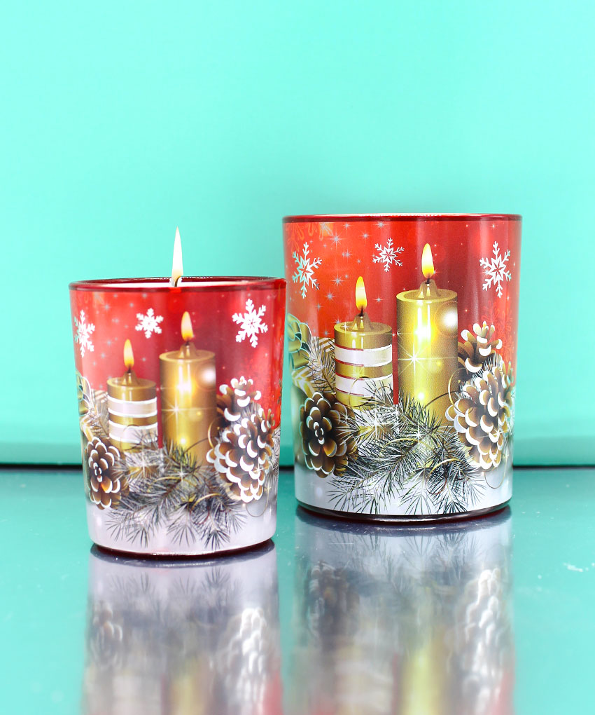 BICCHIERE CON CANDELA PROFUMATA – DECORO CANDELE ROSSE (Vaniglia)