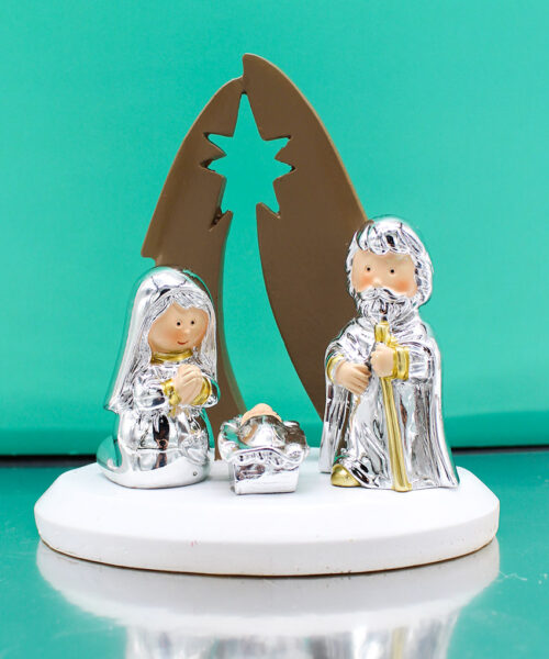 Presepe con Capanna Tortora e Soggetti Sacra Famiglia in Argento