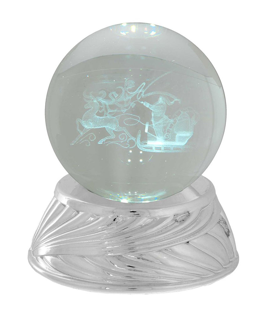 Sfera in Cristallo D.8 con Base Argento con LED – Babbo Natale