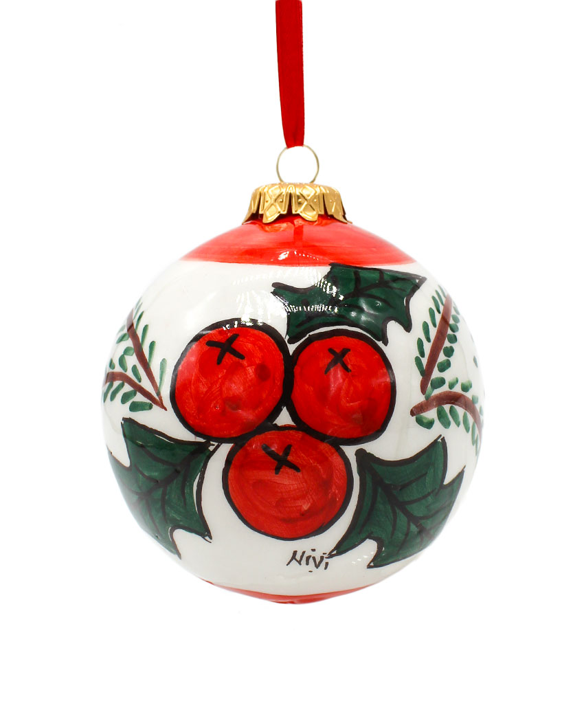 Pallina di Natale in Ceramica Dipinta a Mano - Bacche Natalizie