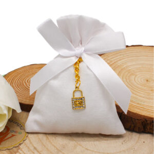 K207 – SACCHETTINO CON PORTACHIAVI LUCCHETTO COLOR ORO CON STRASS – Bomboniera Completa di Confezione