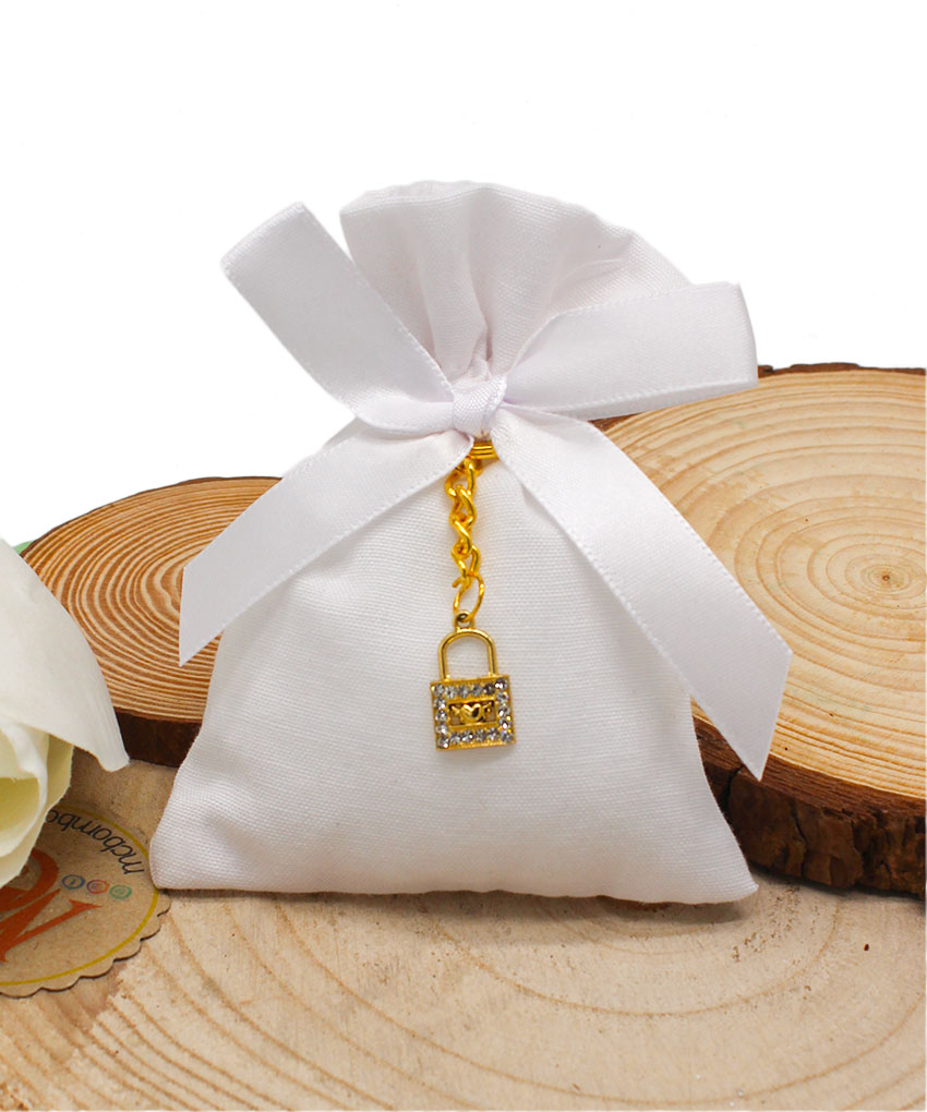 K207 – SACCHETTINO CON PORTACHIAVI LUCCHETTO COLOR ORO CON STRASS – Bomboniera Completa di Confezione