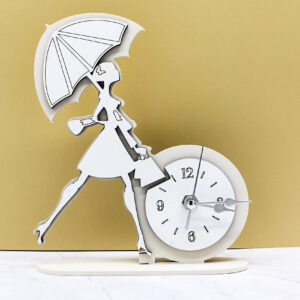 Bomboniera Orologio Donna con Ombrello in Legno Intagliato – Colore Sabbia – 12 × 17 cm