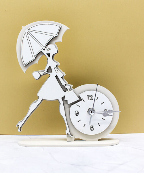 Bomboniera Orologio Donna con Ombrello in Legno Intagliato – Colore Sabbia – 12 × 17 cm