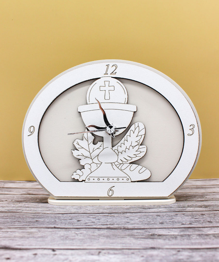 Bomboniera Orologio con Calice Prima Comunione colore Sabbia – 17 × 14 cm