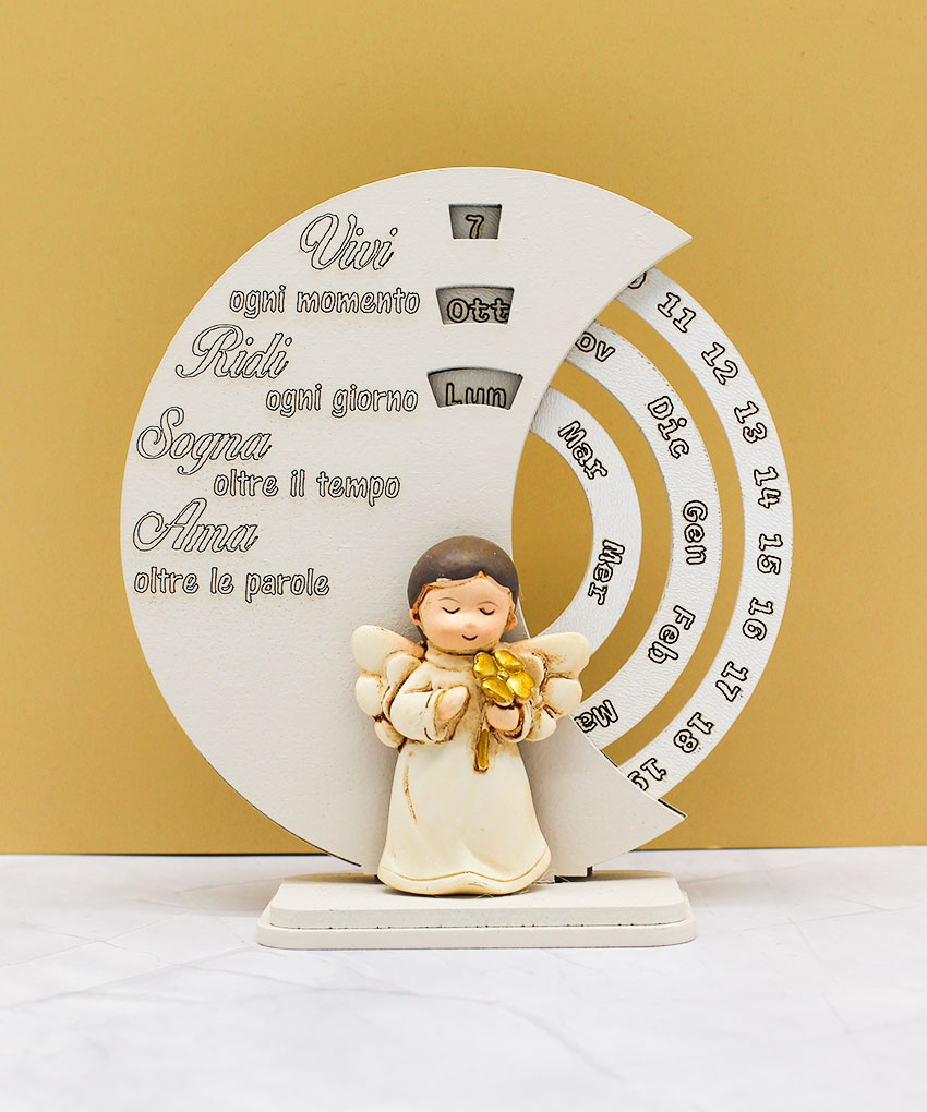 Bomboniera Datario con Angioletto e Frase Romantica colore Sabbia – 12 × 12 cm