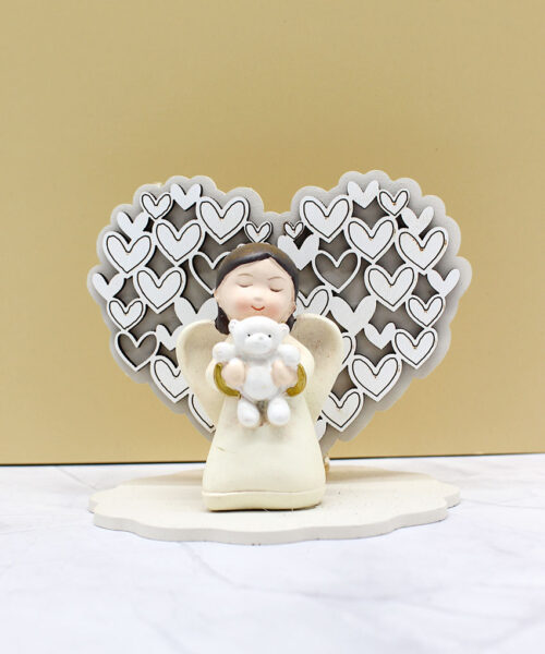 Bomboniera Profumatore Angioletto con Base a Forma di Cuore in Legno Intagliato colore Sabbia – 10 × 10 cm