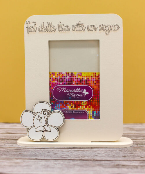 CR6086-S – Bomboniera Portafoto con Simbolo Cresima in legno colore Sabbia – 12 × 19 cm