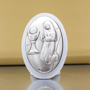 Bomboniera Icona Comunione Bimba Argento su Porcellana Bianca 7,5 cm
