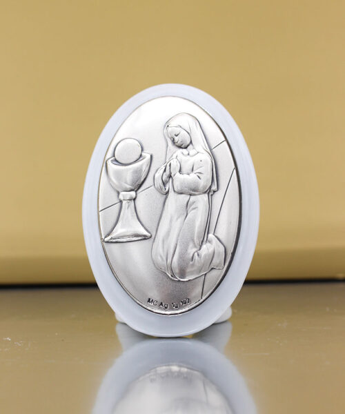 Bomboniera Icona Comunione Bimba Argento su Porcellana Bianca 7,5 cm