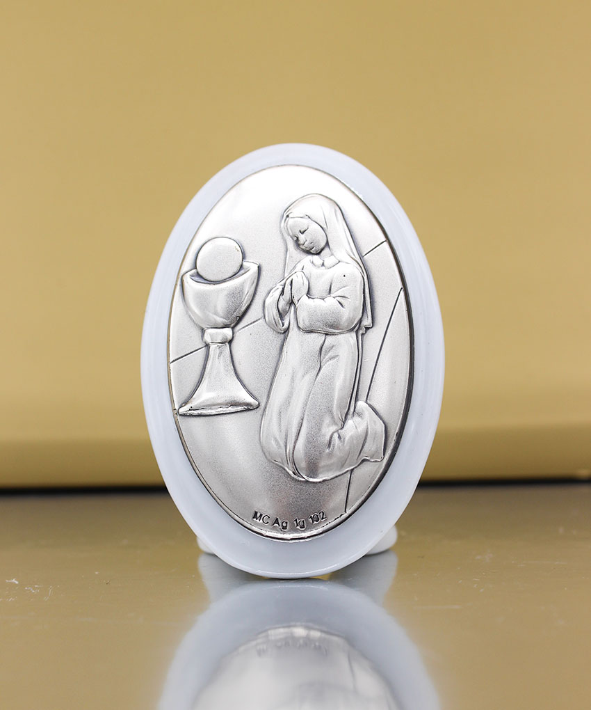 Bomboniera Icona Comunione Bimba Argento su Porcellana Bianca 7,5 cm
