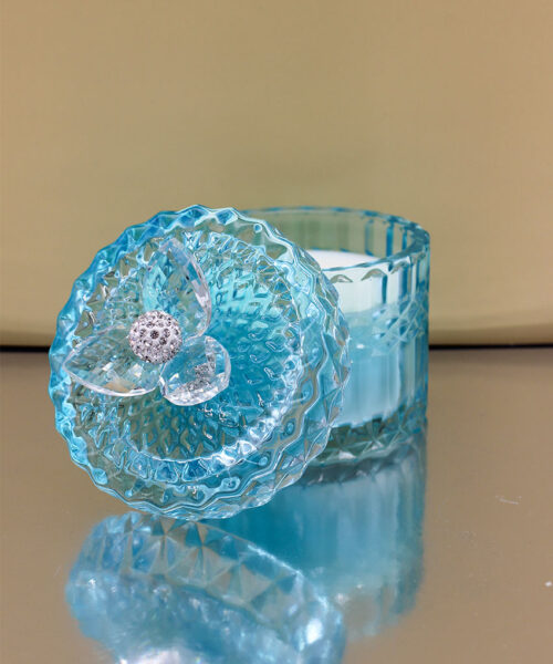 Bomboniera Candela con Contenitore in Vetro Tondo e Fiore in Cristallo