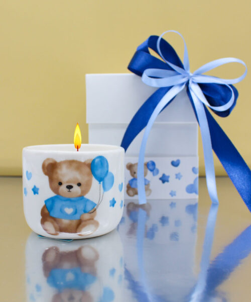 CANDELA ORSETTO BALLOON CIELO IN PORCELLANA 6x5 – Bomboniera Completa di Confezione