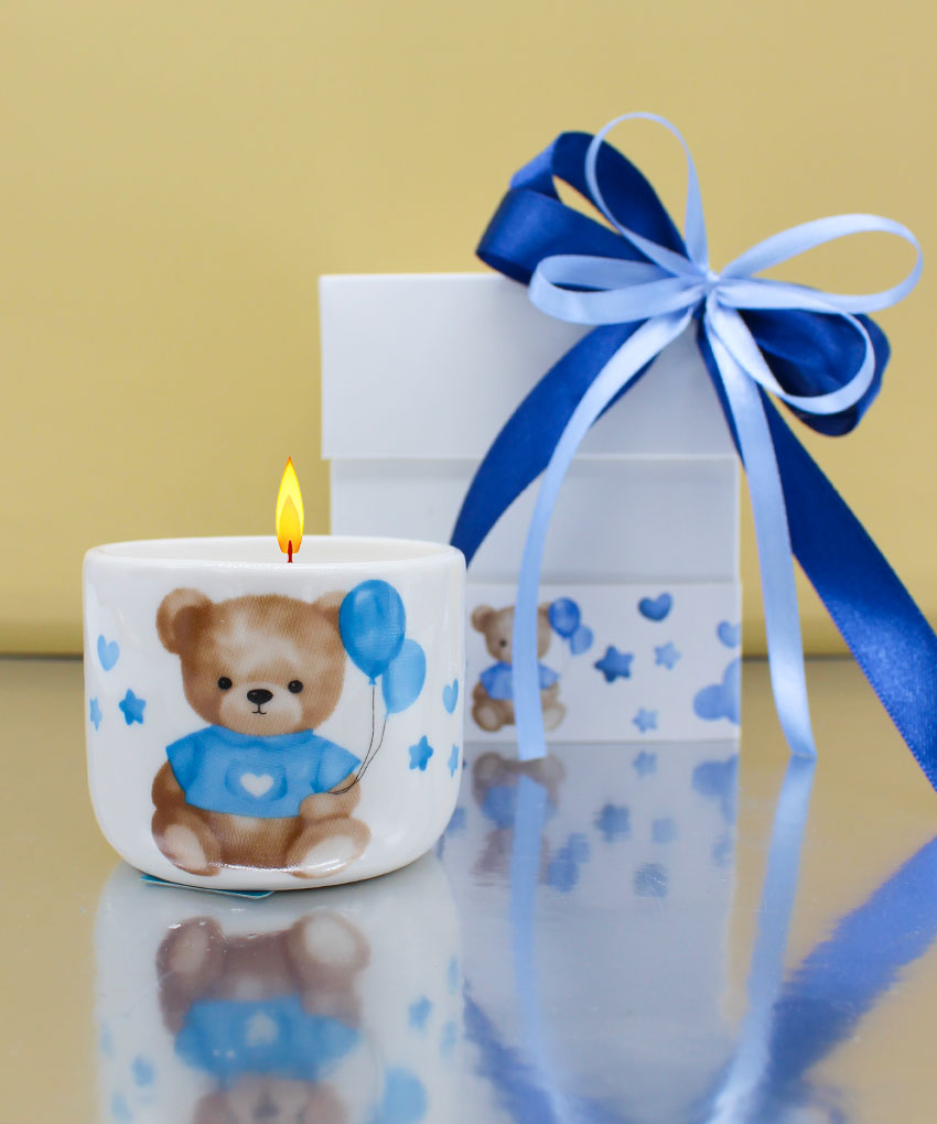 CANDELA ORSETTO BALLOON CIELO IN PORCELLANA 6x5 – Bomboniera Completa di Confezione