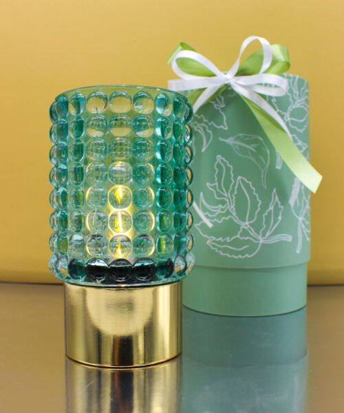 LAMPADA LED VERDE BOLLE IN VETRO CON BASE ORO 8,5x14 – Bomboniera Completa di Confezione