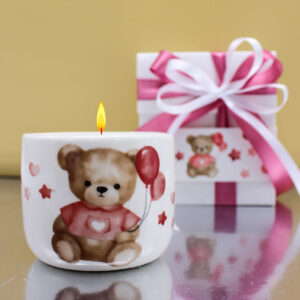 Candela porcellana orsetto balloon rosa bomboniera battesimo