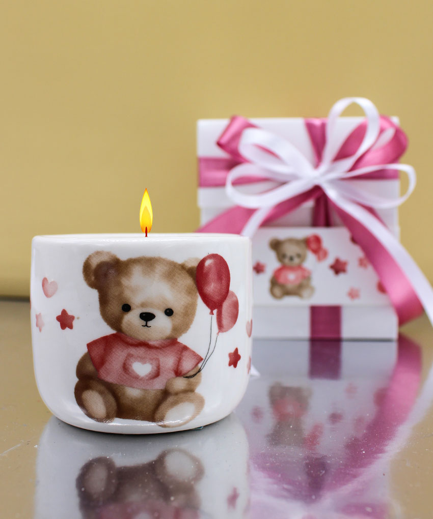 Candela porcellana orsetto balloon rosa bomboniera battesimo