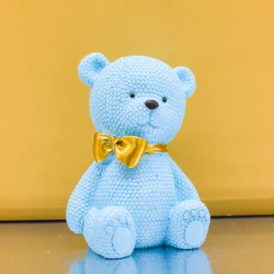Bomboniera Statuina Orso Puntellato Celeste con Fiocco Oro – 2 Misure Disponibili