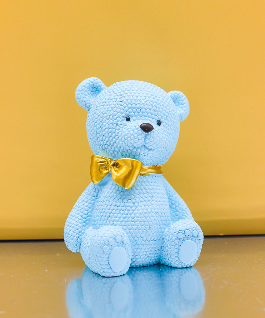Bomboniera Statuina Orso Puntellato Celeste con Fiocco Oro – 2 Misure Disponibili