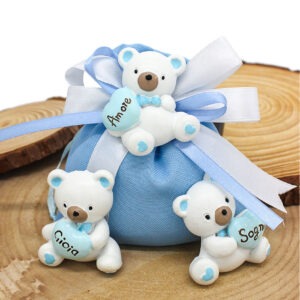 C992-C Bomboniera Orsetto Magnete Celeste con Cuore e Incisione – 3 Modelli Assortiti