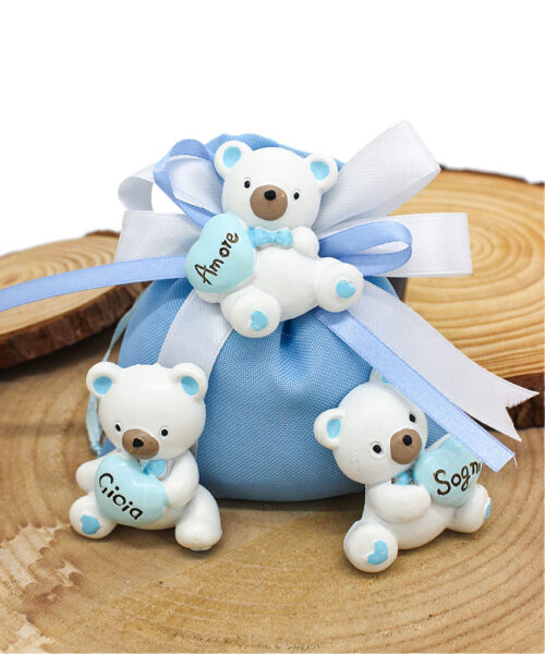 C992-C Bomboniera Orsetto Magnete Celeste con Cuore e Incisione – 3 Modelli Assortiti