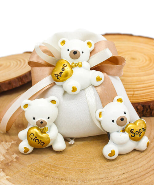 C992 Oro Bomboniera Orsetto Magnete con Cuore e Incisione – 3 Modelli Assortiti