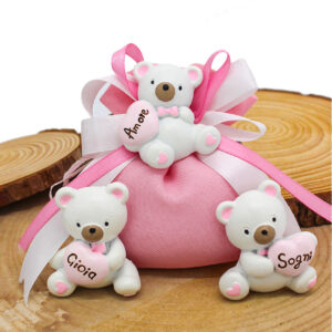 C992 R Bomboniera Orsetto Magnete Rosa con Cuore e Incisione – 3 Modelli Assortiti