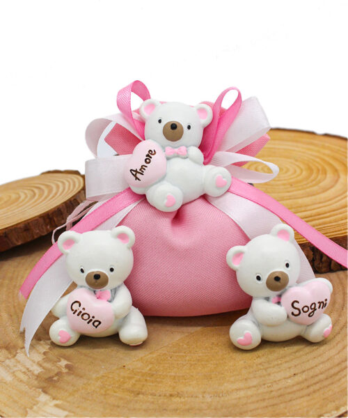 C992 R Bomboniera Orsetto Magnete Rosa con Cuore e Incisione – 3 Modelli Assortiti