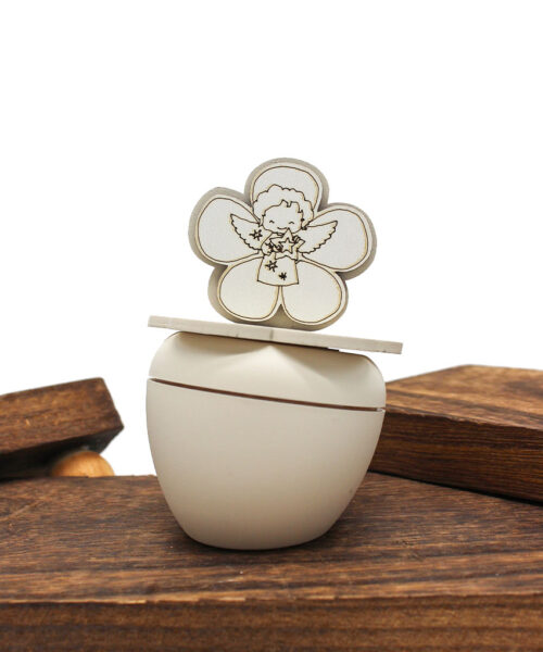 CR6109-S – Bomboniera Candela con contenitore e simbolo Angioletto colore Sabbia – 7 × 9 cm