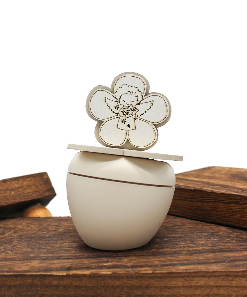CR6109-S – Bomboniera Candela con contenitore e simbolo Angioletto colore Sabbia – 7 × 9 cm