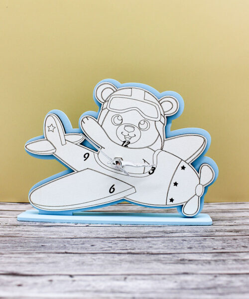 Bomboniera Orologio Orsetto su Aeroplano - Colore Azzurro
