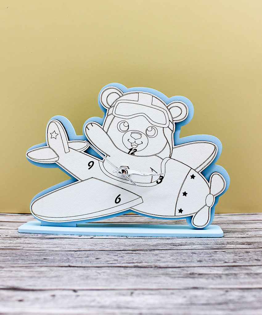 Bomboniera Orologio Orsetto su Aeroplano - Colore Azzurro