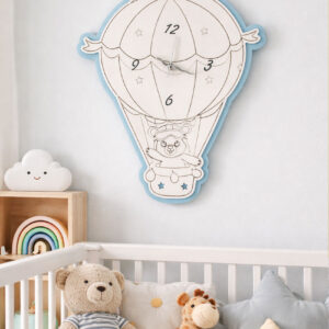 Bomboniera Orologio da Parete Orsetto con Mongolfiera - Colore Celeste