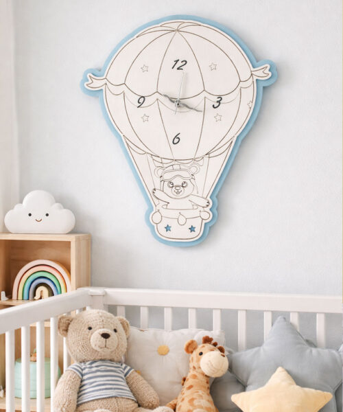 Bomboniera Orologio da Parete Orsetto con Mongolfiera - Colore Celeste