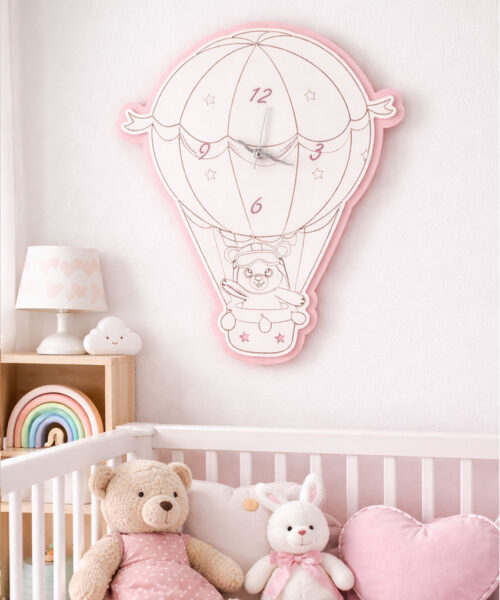 Bomboniera Orologio da Parete Orsetto con Mongolfiera - Colore Rosa