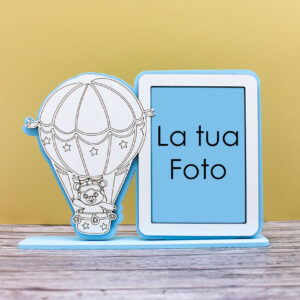 Bomboniera Portafoto con Orsetto su Mongolfiera - Colore Azzurro